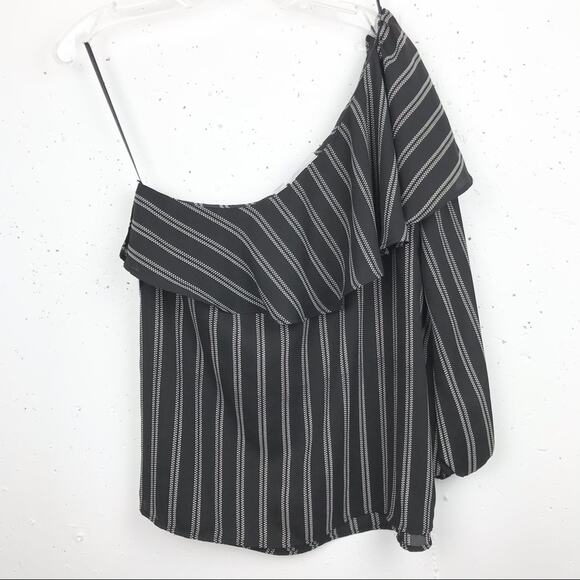 Halogen One Shoulder Ruffle Stripe Blouse Black Sm - Picture 2 of 11